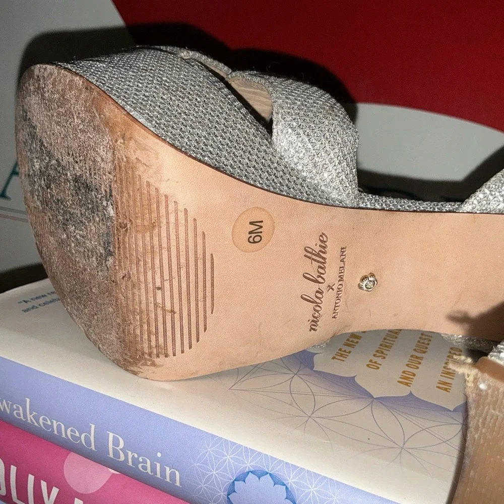 Antonio Melani x Nicola Bathie Lila Silver Platform Embellished Bow Heels Size 6